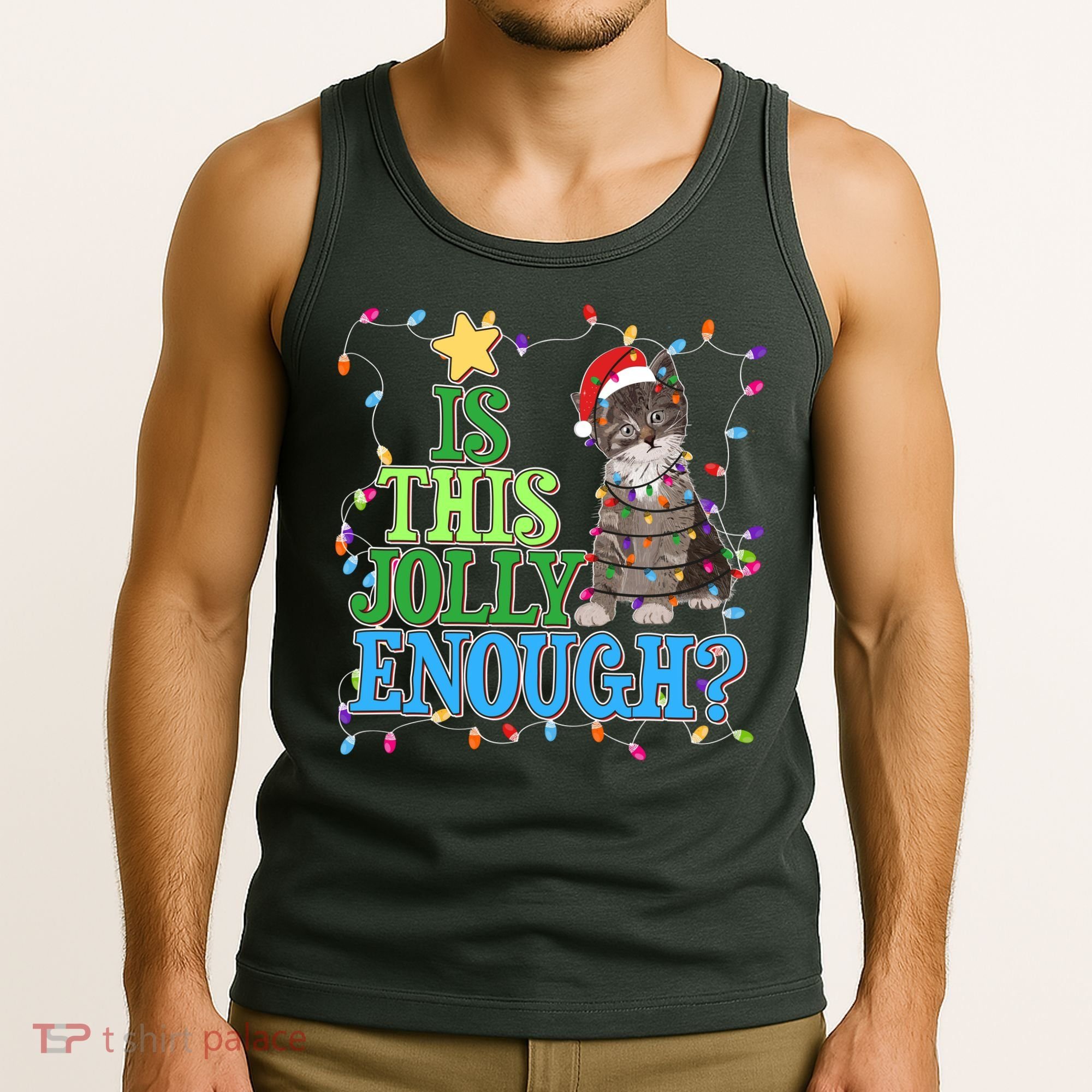 Funny Christmas Is This Jolly Enough Tangled Lights Cat Tank Top