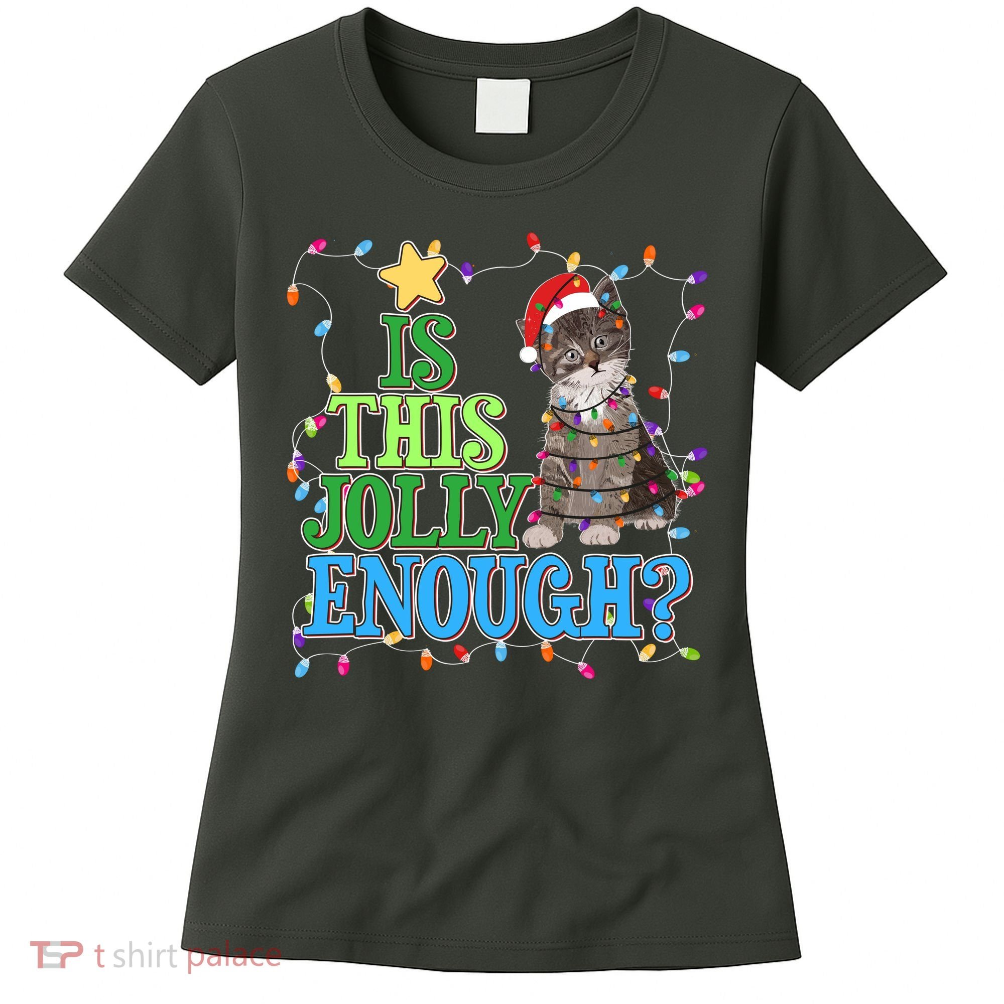 Funny Christmas Is This Jolly Enough Tangled Lights Cat Women's T-Shirt