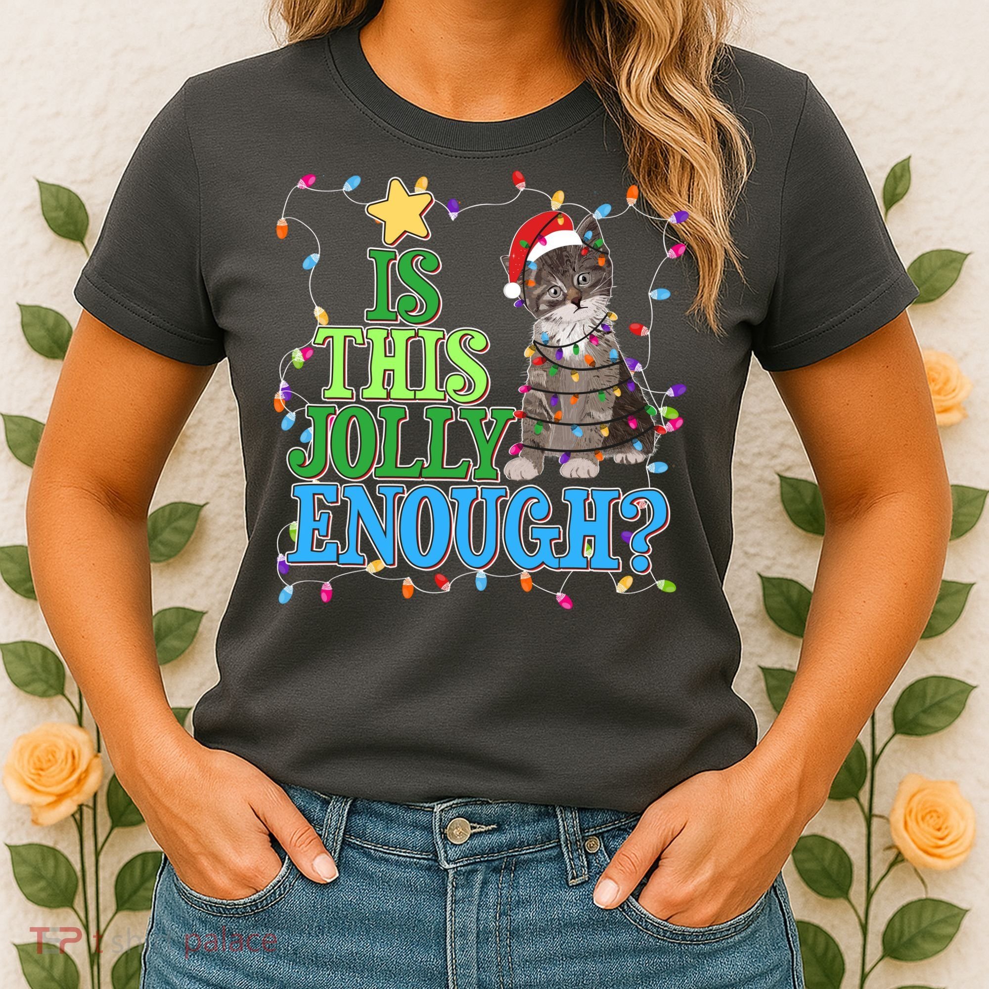 Funny Christmas Is This Jolly Enough Tangled Lights Cat Women's T-Shirt