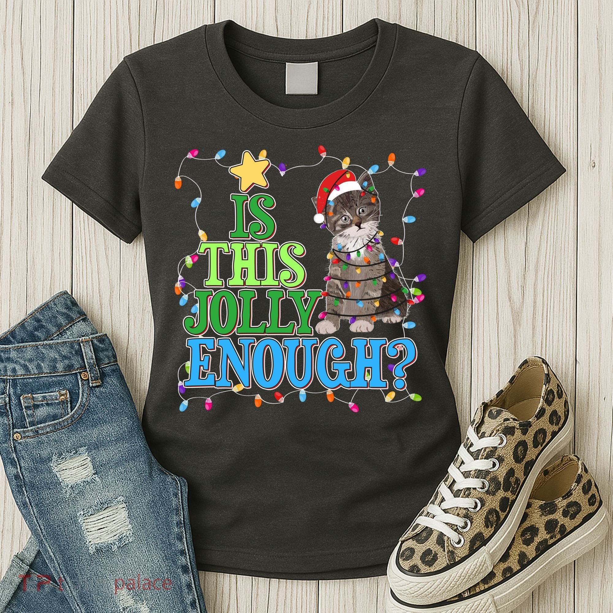 Funny Christmas Is This Jolly Enough Tangled Lights Cat Women's T-Shirt