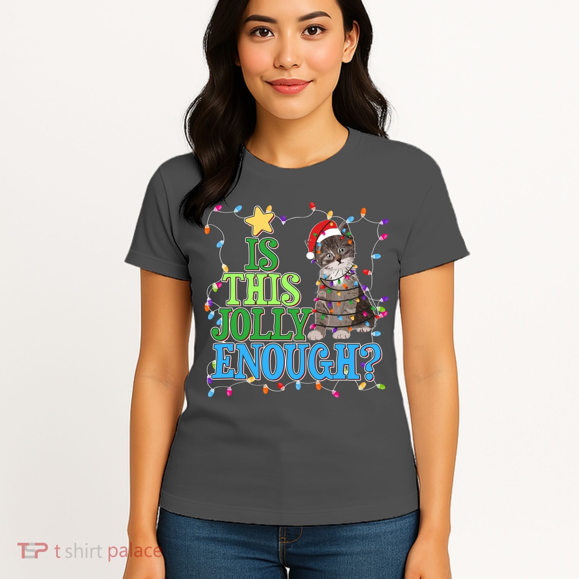 Funny Christmas Is This Jolly Enough Tangled Lights Cat Women's T-Shirt