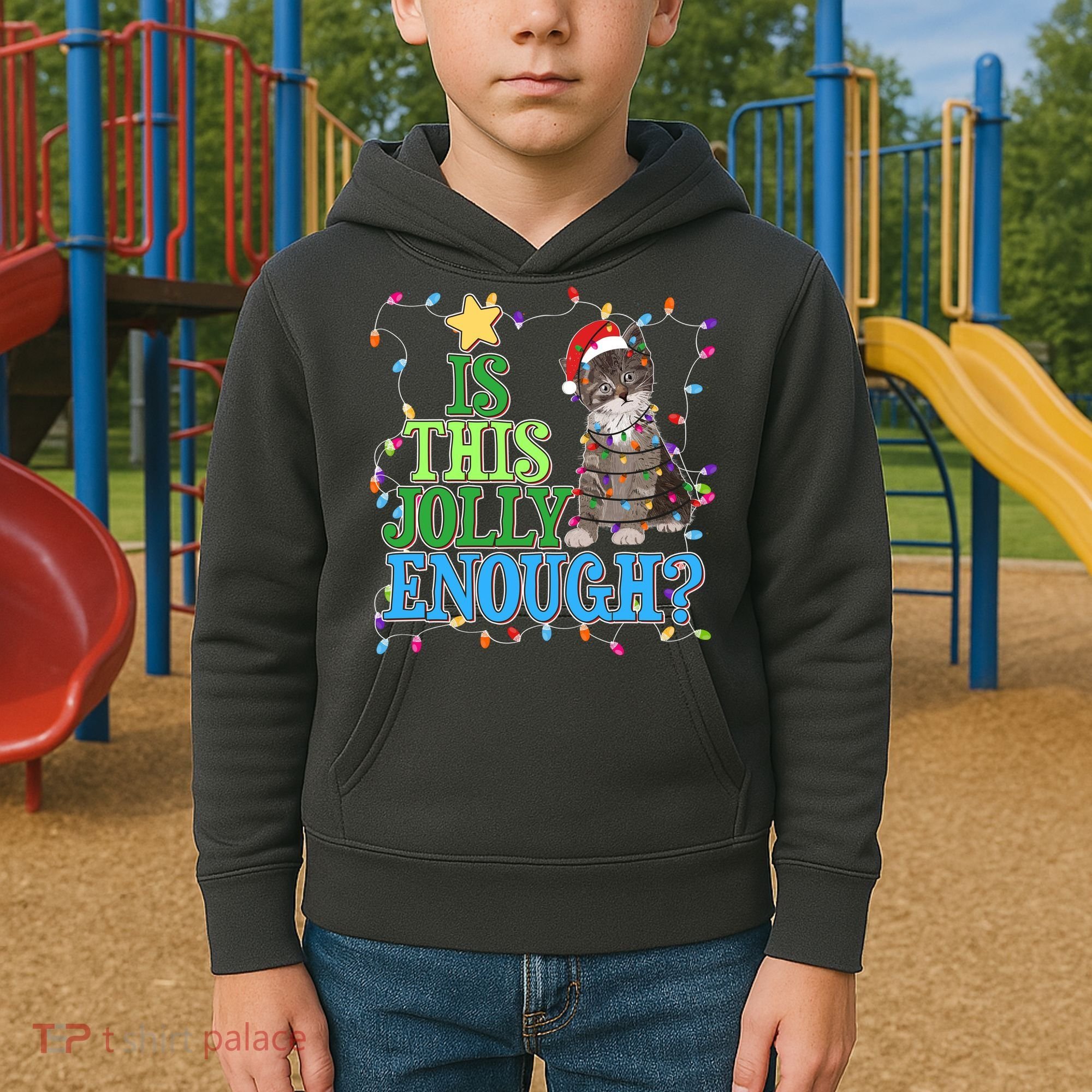 Funny Christmas Is This Jolly Enough Tangled Lights Cat Kids Hoodie