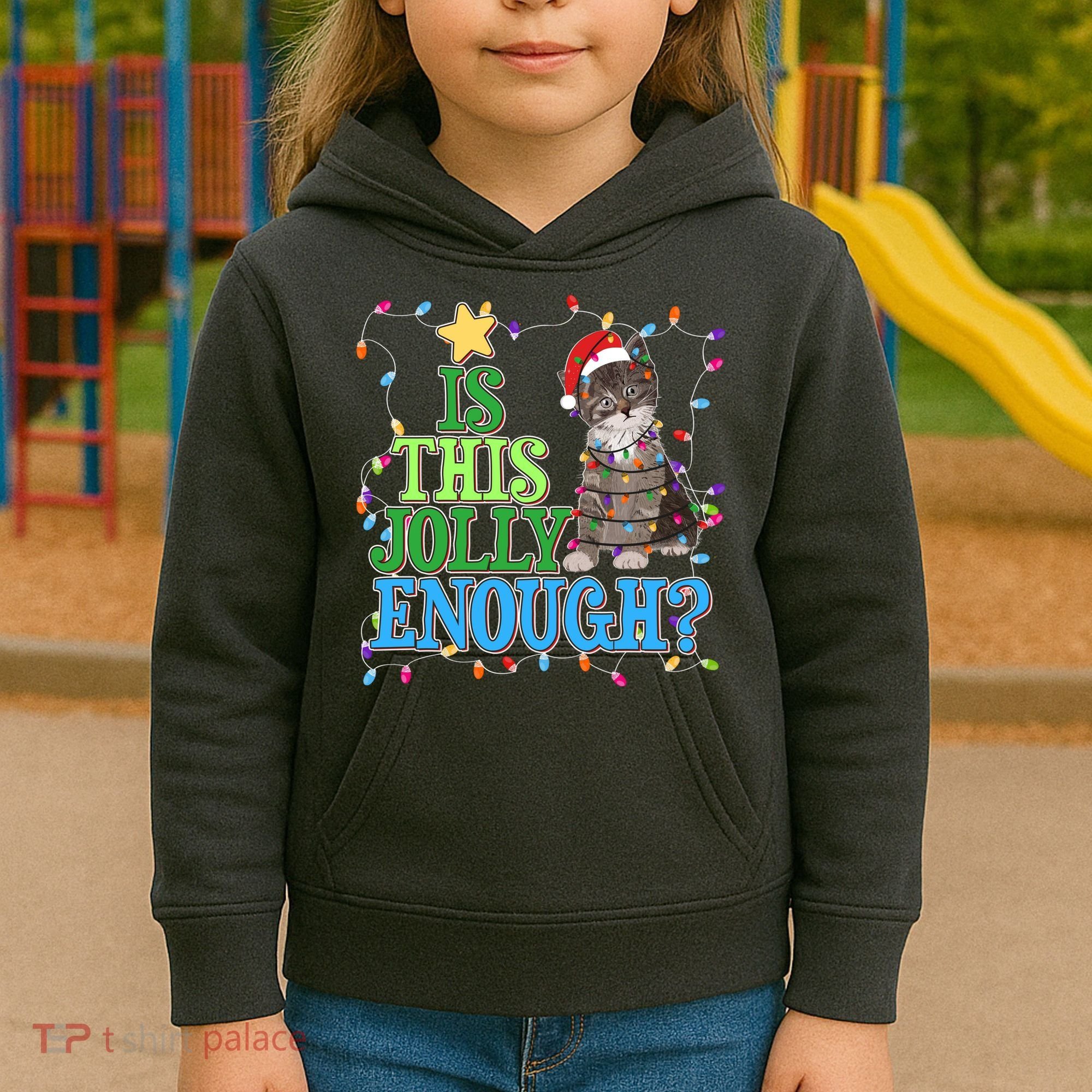 Funny Christmas Is This Jolly Enough Tangled Lights Cat Kids Hoodie