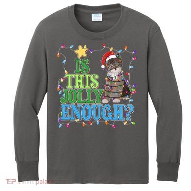 Funny Christmas Is This Jolly Enough Tangled Lights Cat Kids Long Sleeve Shirt