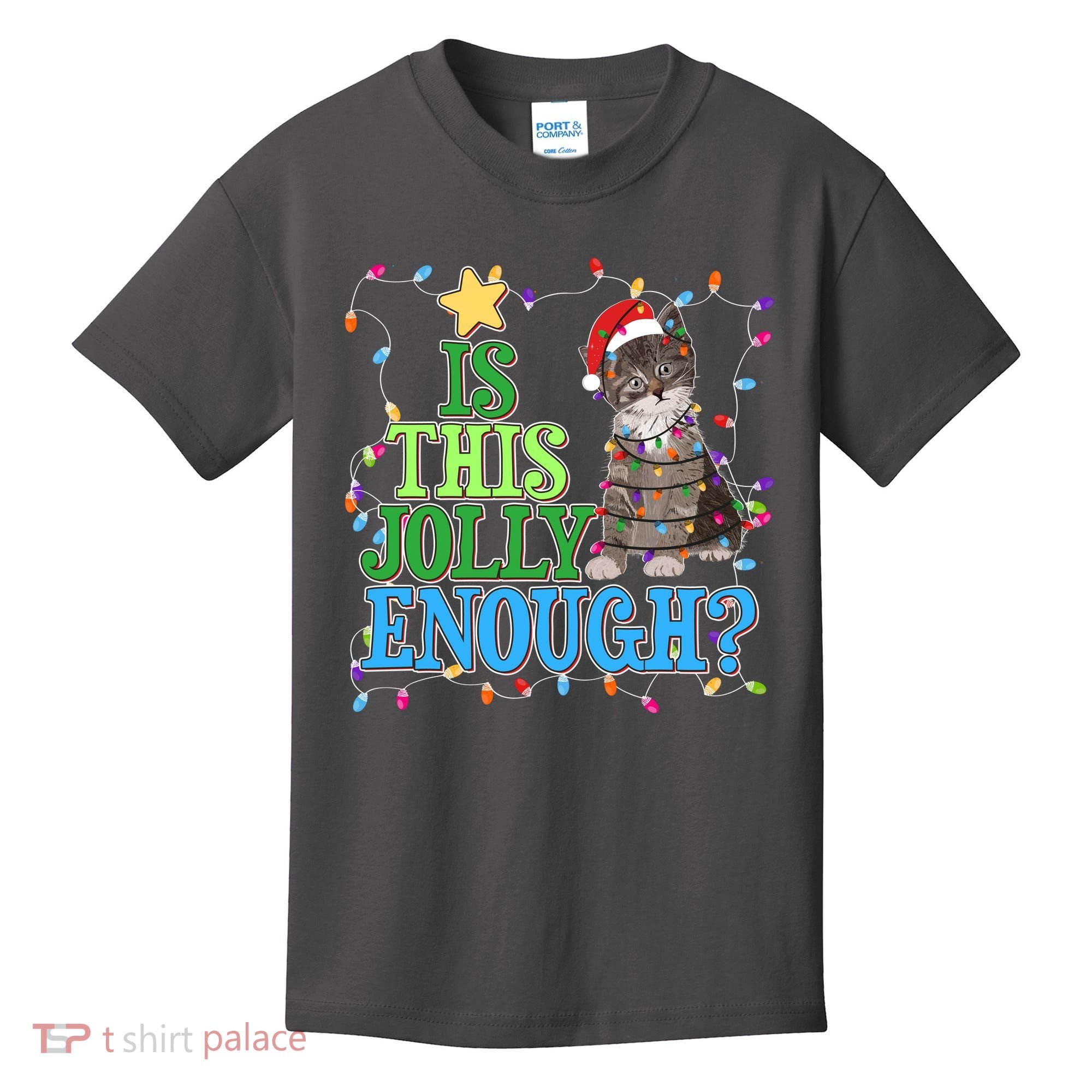 Funny Christmas Is This Jolly Enough Tangled Lights Cat Kids T-Shirt