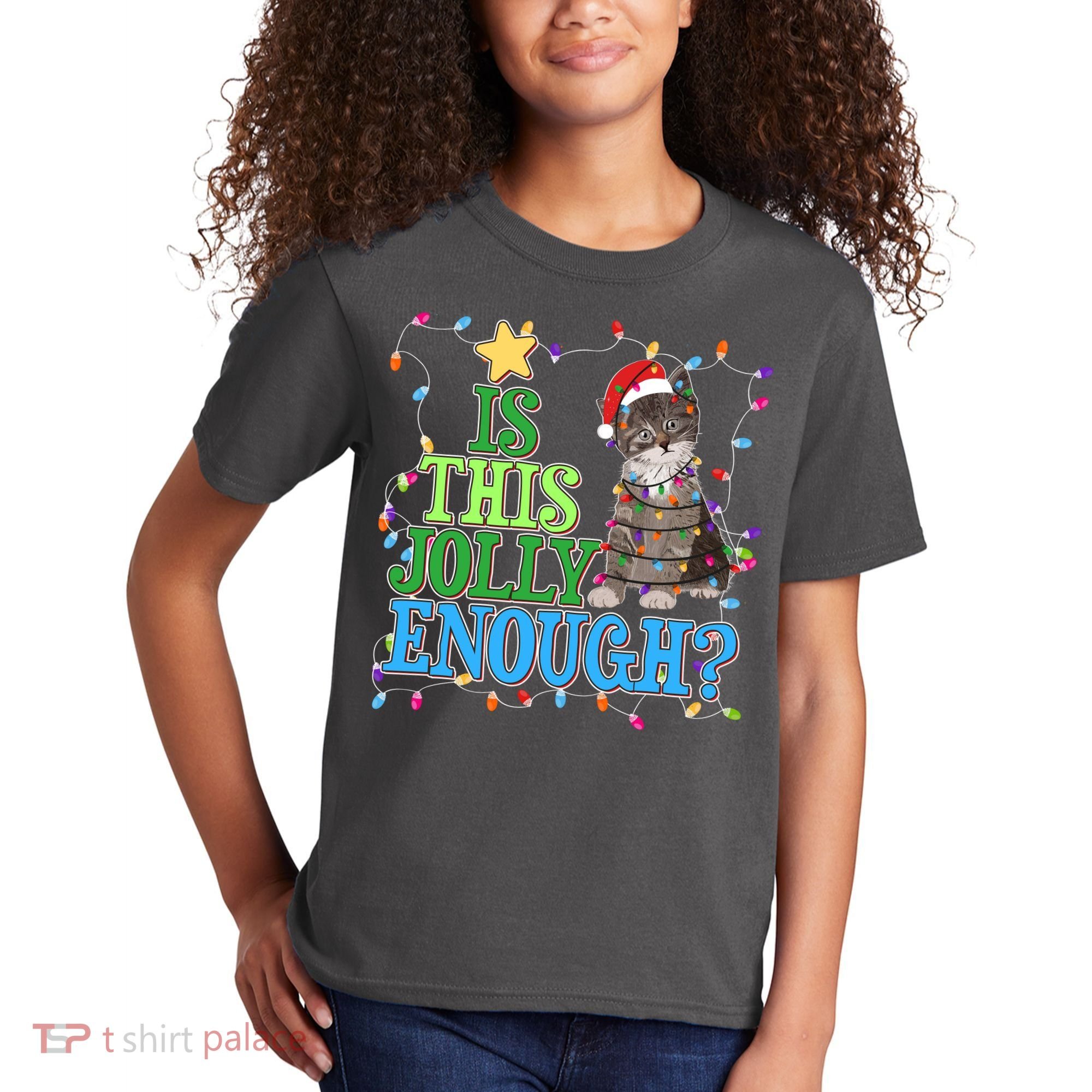 Funny Christmas Is This Jolly Enough Tangled Lights Cat Kids T-Shirt