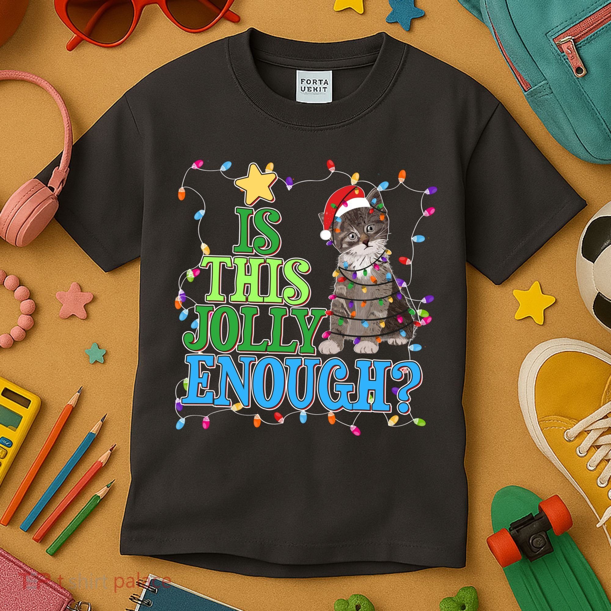 Funny Christmas Is This Jolly Enough Tangled Lights Cat Kids T-Shirt