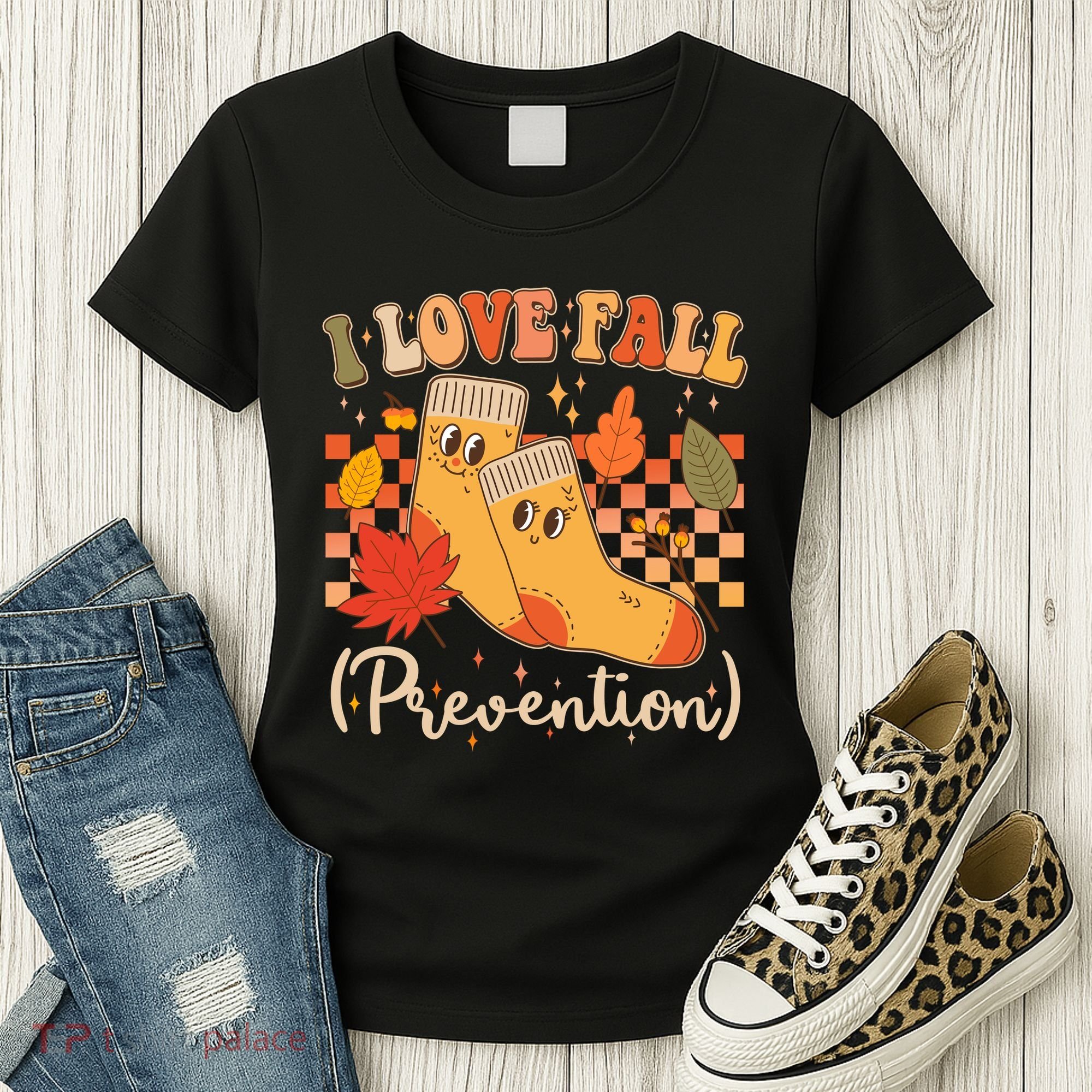 Funny Cute I Love Fall Prevention Retro Cartoon Socks Autumn Lover Women's T-Shirt