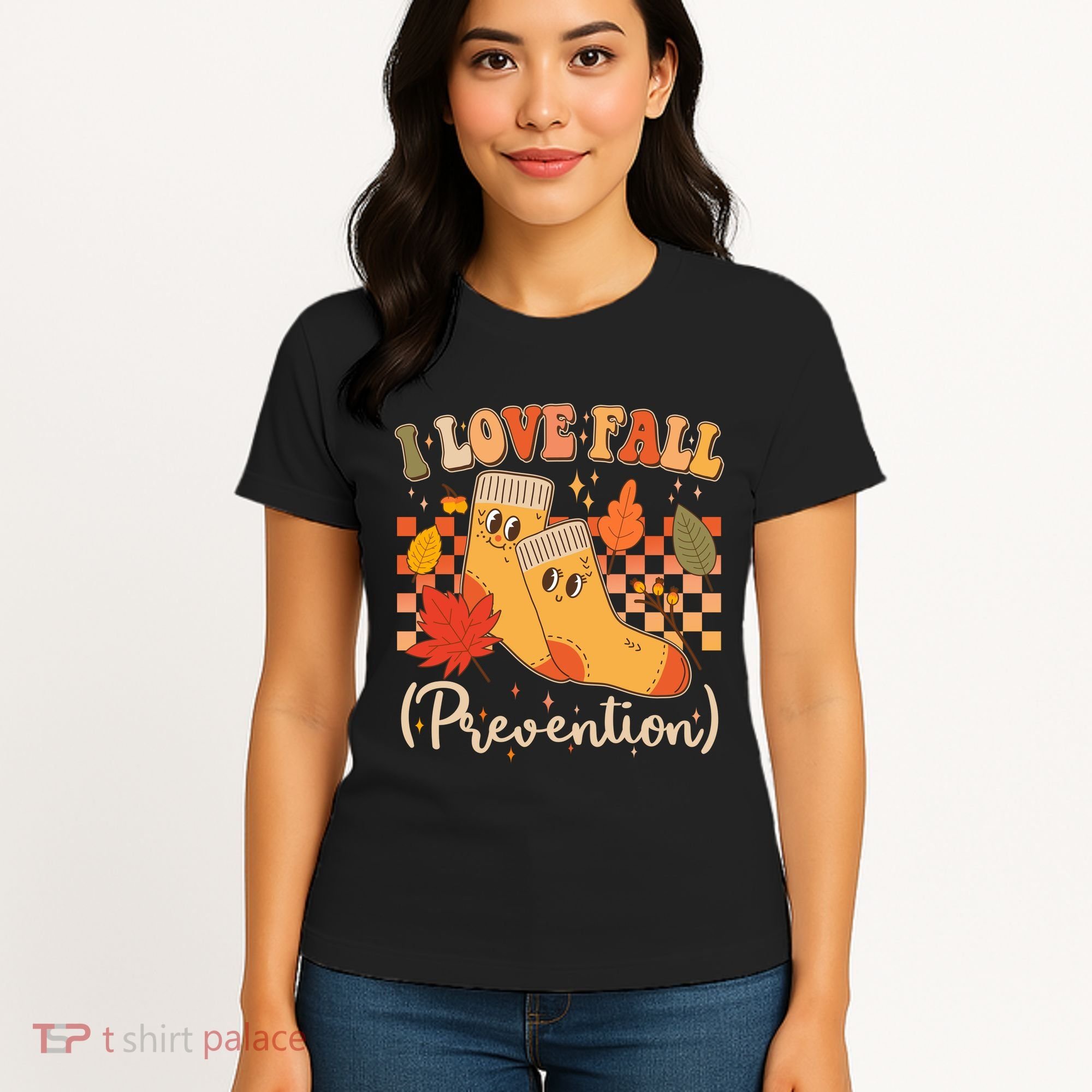 Funny Cute I Love Fall Prevention Retro Cartoon Socks Autumn Lover Women's T-Shirt