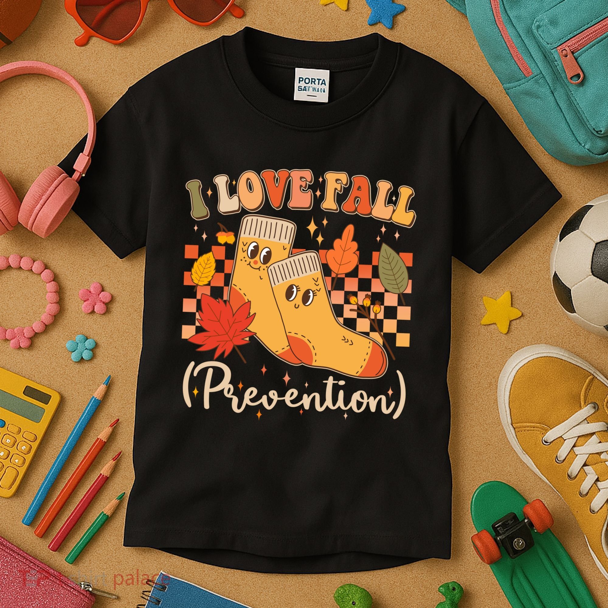 Funny Cute I Love Fall Prevention Retro Cartoon Socks Autumn Lover Kids T-Shirt