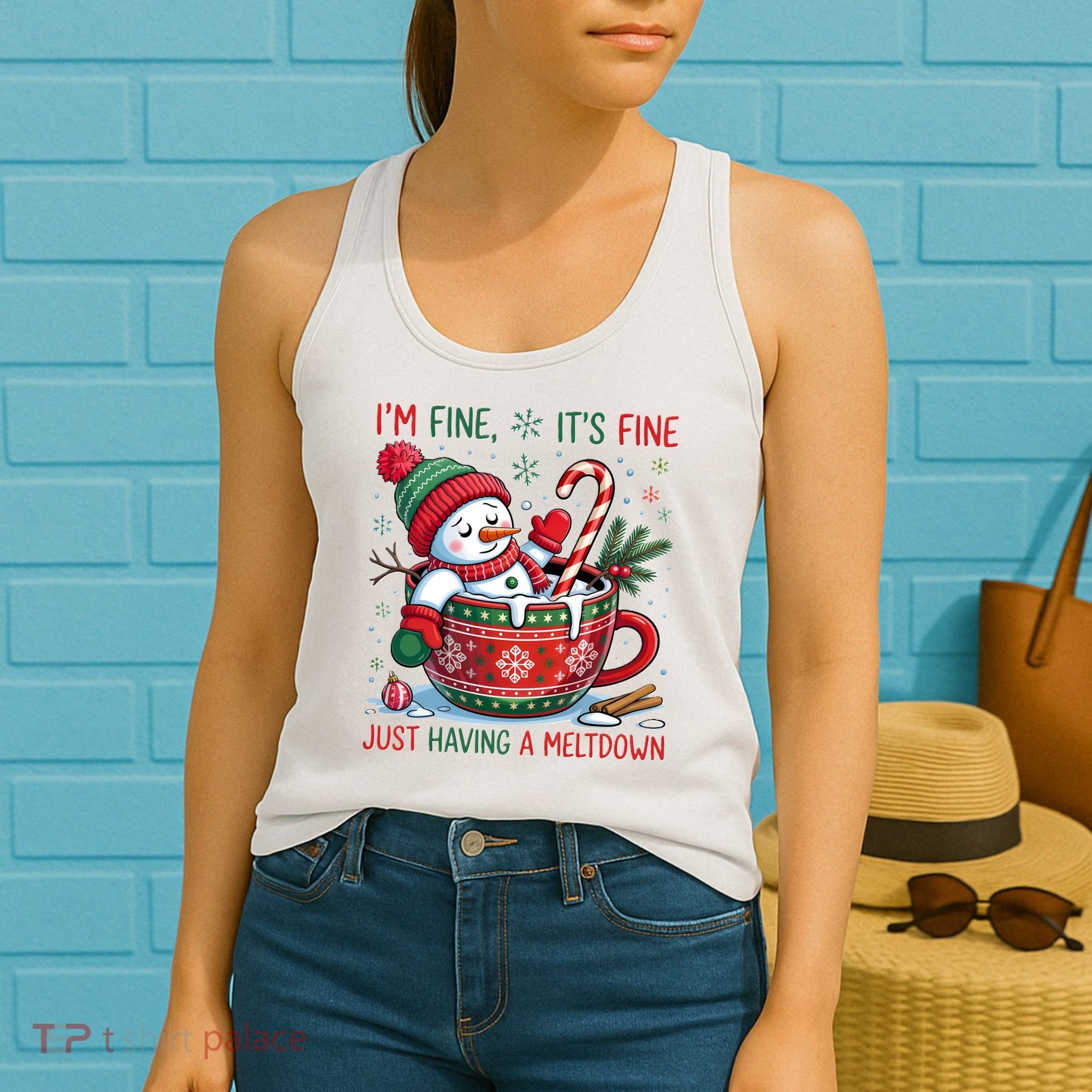 Funny Christmas I'm Fine It's Fine Just Having A Meltdown Snowman Women's Tank Top