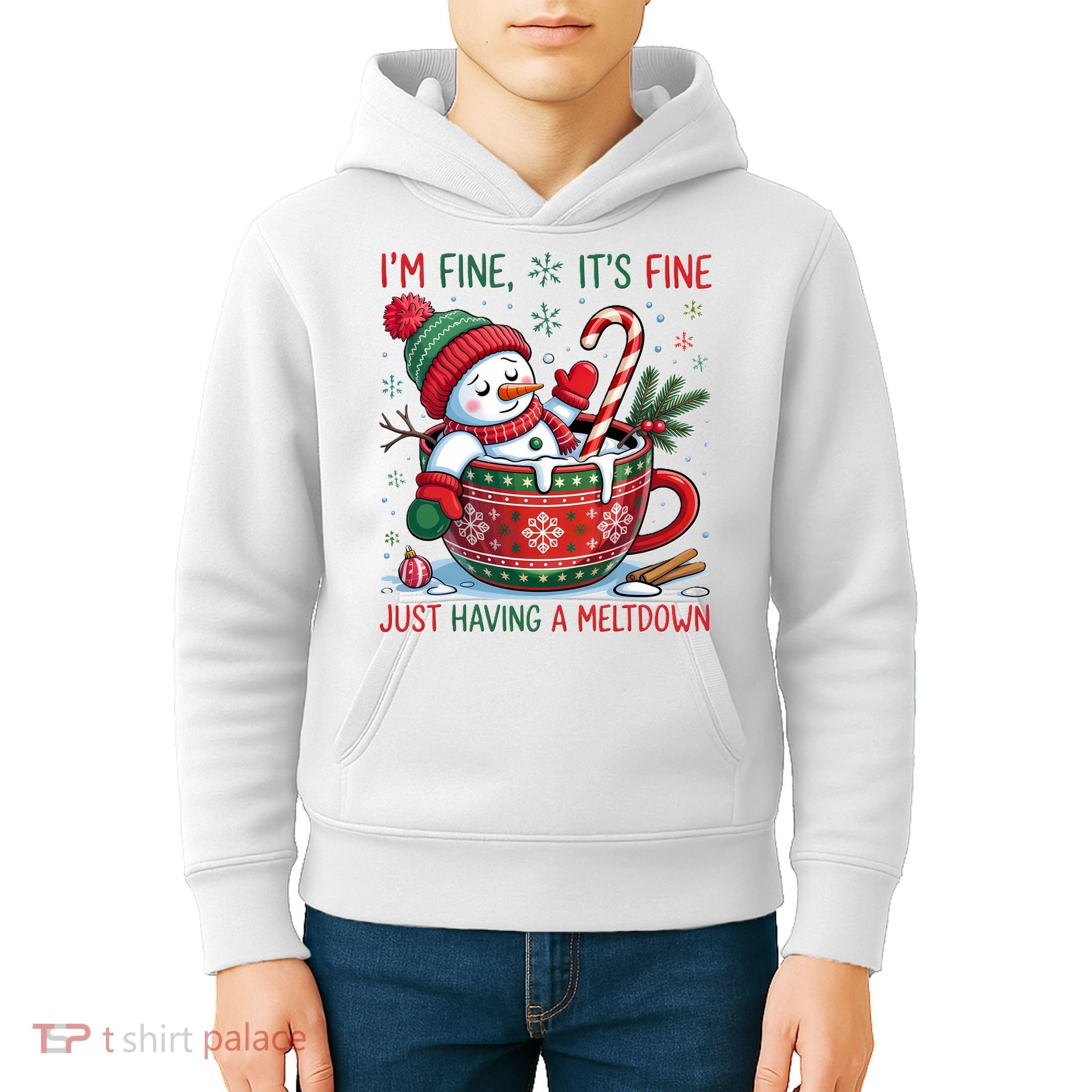 Funny Christmas I'm Fine It's Fine Just Having A Meltdown Snowman Kids Hoodie