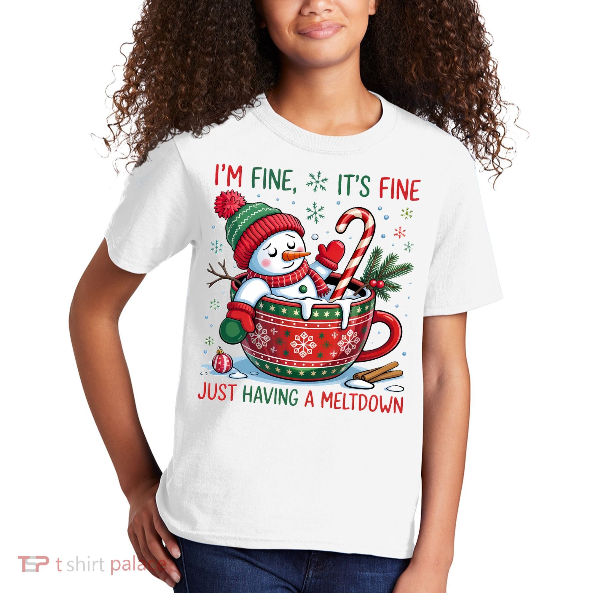 Funny Christmas I'm Fine It's Fine Just Having A Meltdown Snowman Kids T-Shirt