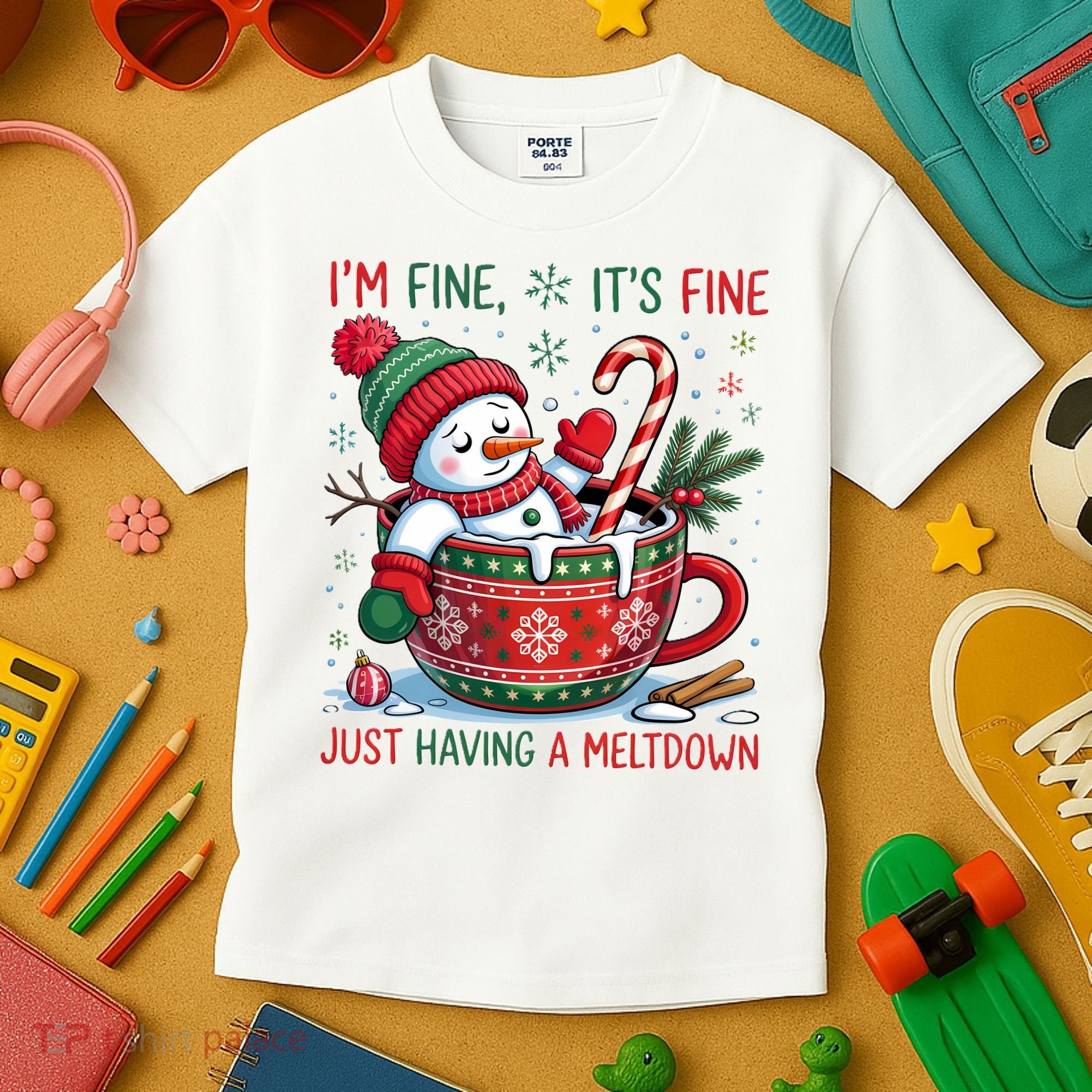 Funny Christmas I'm Fine It's Fine Just Having A Meltdown Snowman Kids T-Shirt
