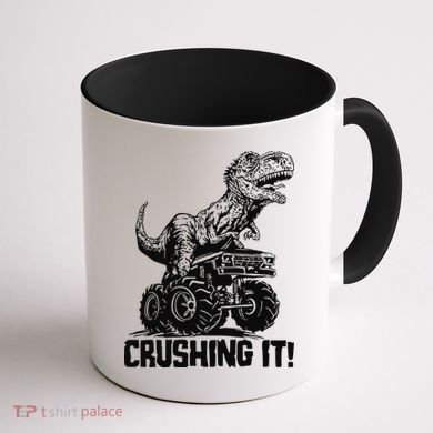 Funny Crushing It T Rex Dinosaur In Monster Truck Coffee Mug back
