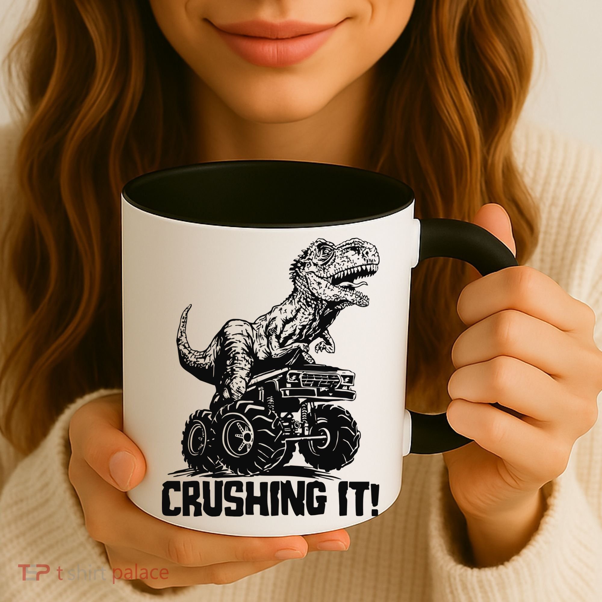 Funny Crushing It T Rex Dinosaur In Monster Truck Coffee Mug