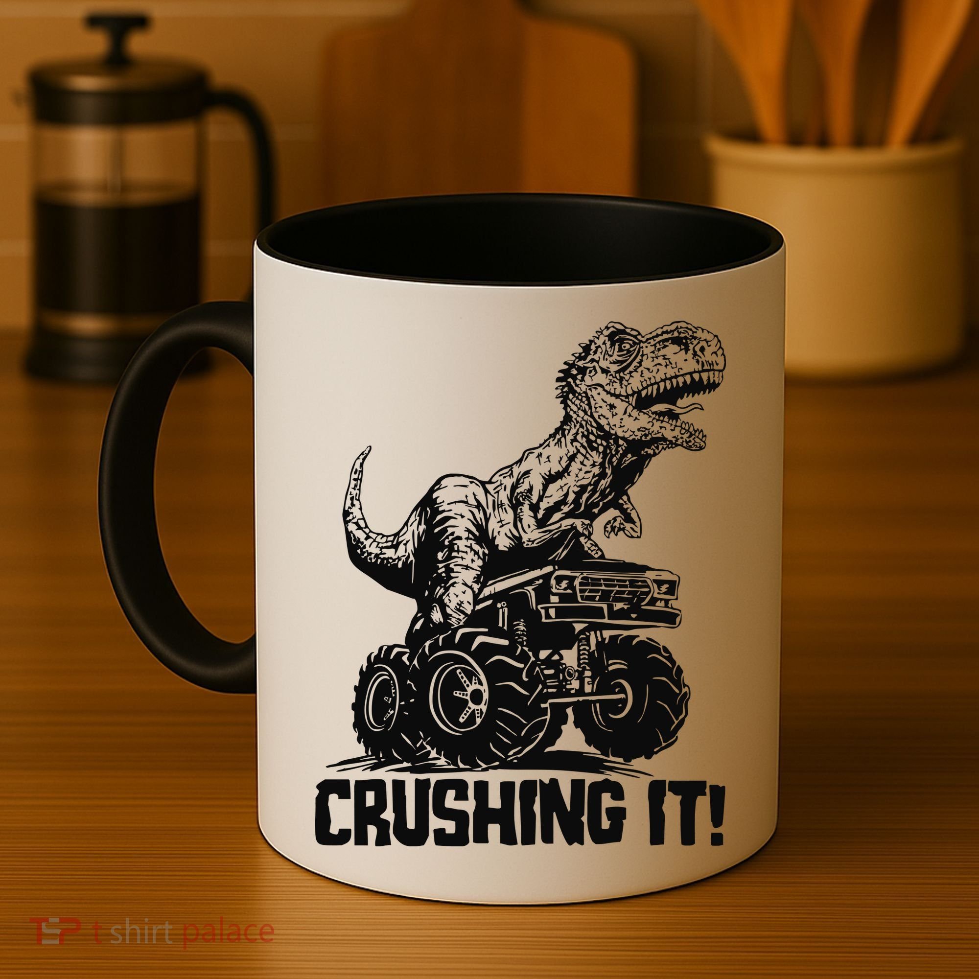 Funny Crushing It T Rex Dinosaur In Monster Truck Coffee Mug