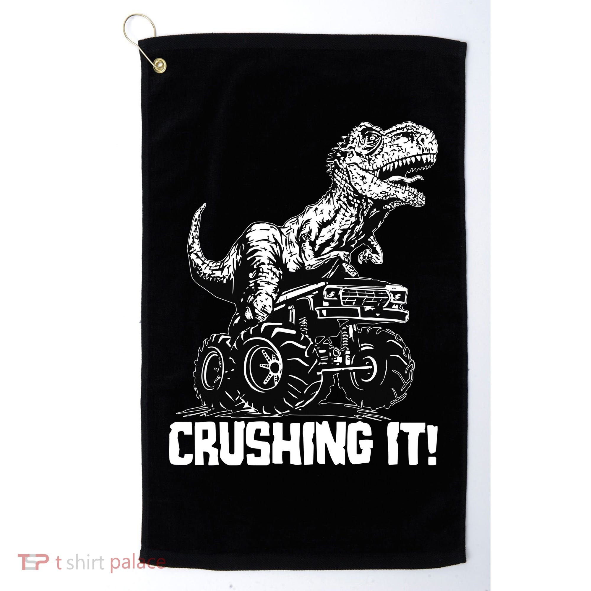 Funny Crushing It T Rex Dinosaur In Monster Truck Golf Towel