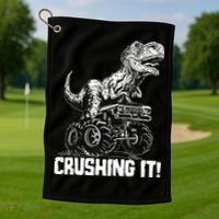 Funny Crushing It T Rex Dinosaur In Monster Truck Golf Towel thumb 1