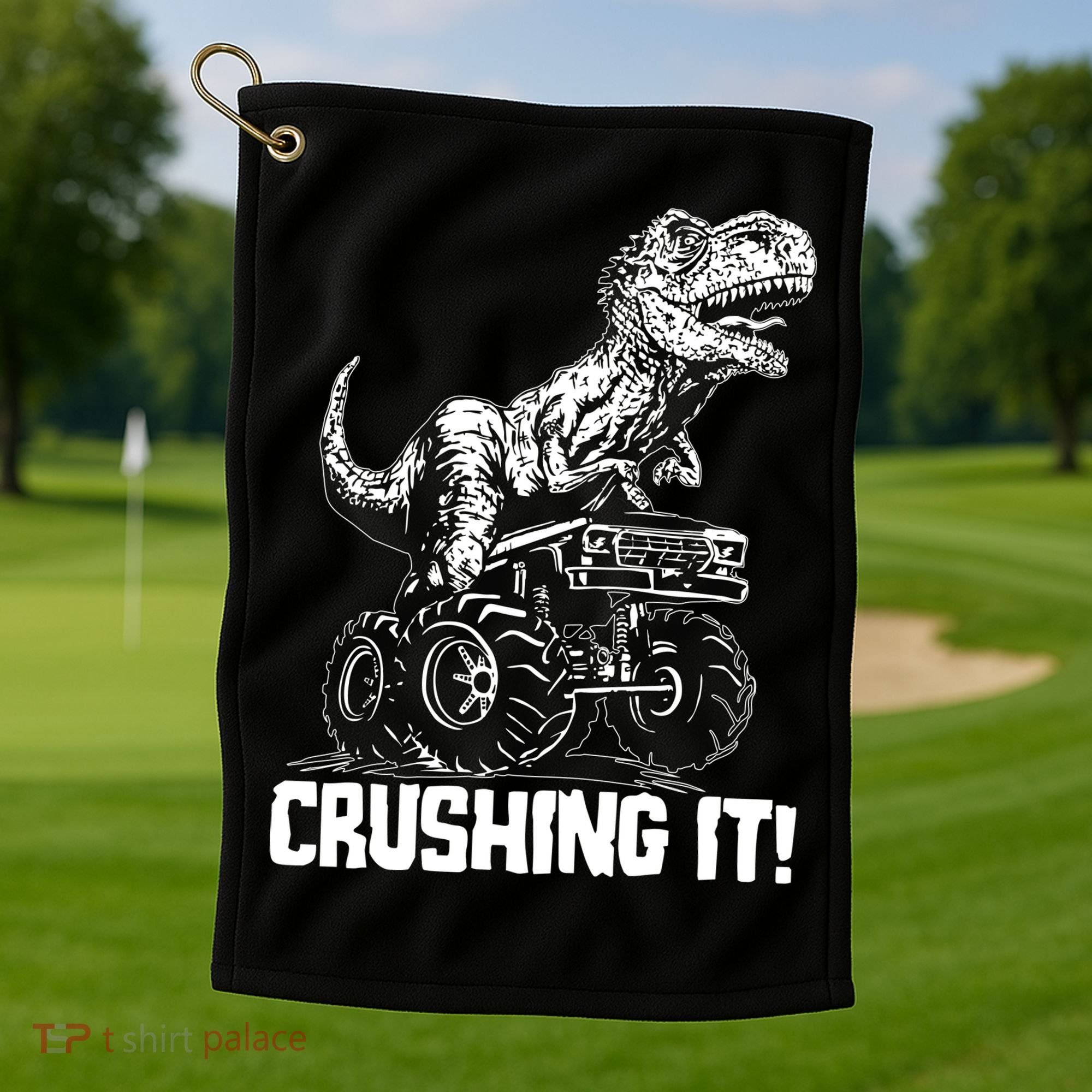 Funny Crushing It T Rex Dinosaur In Monster Truck Golf Towel