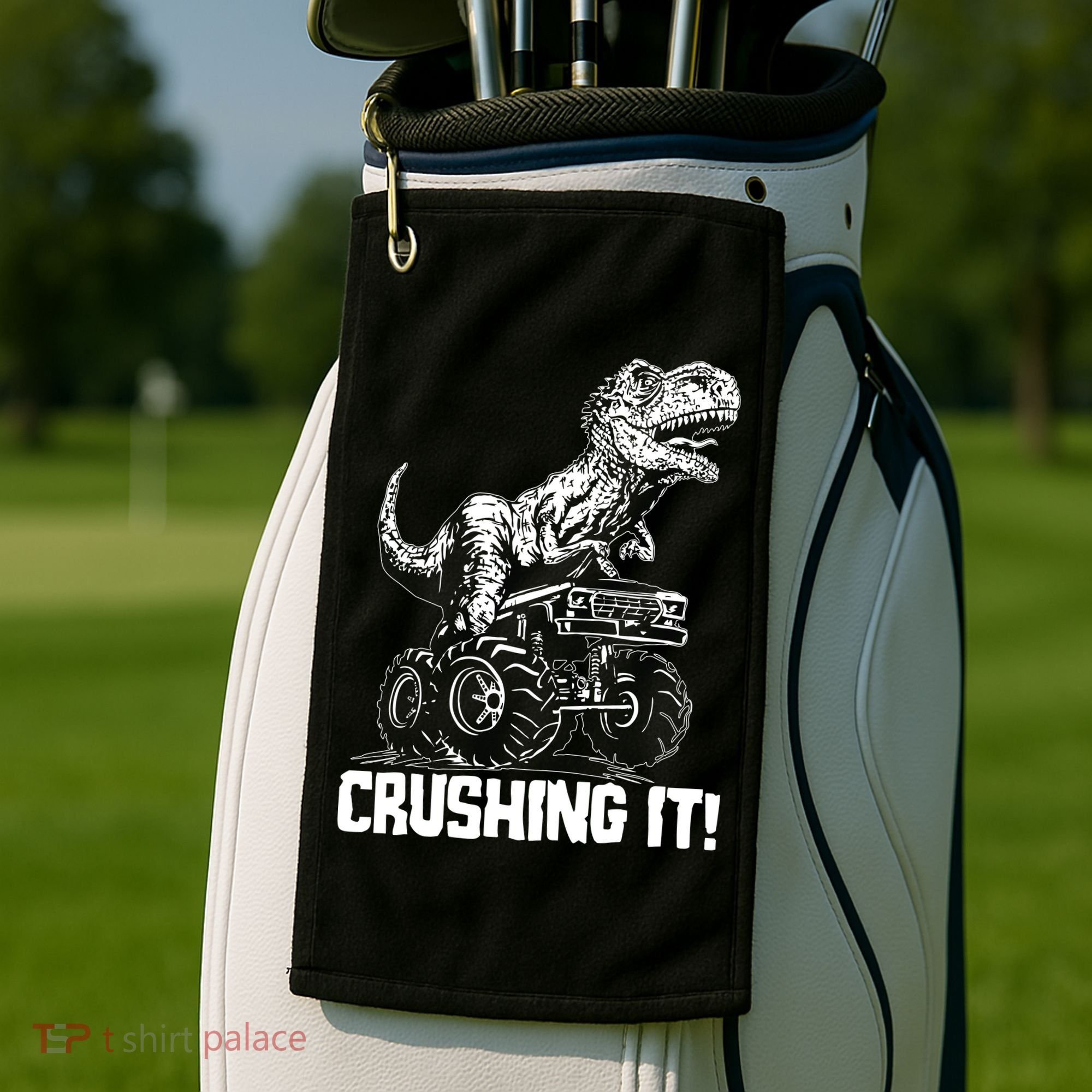 Funny Crushing It T Rex Dinosaur In Monster Truck Golf Towel
