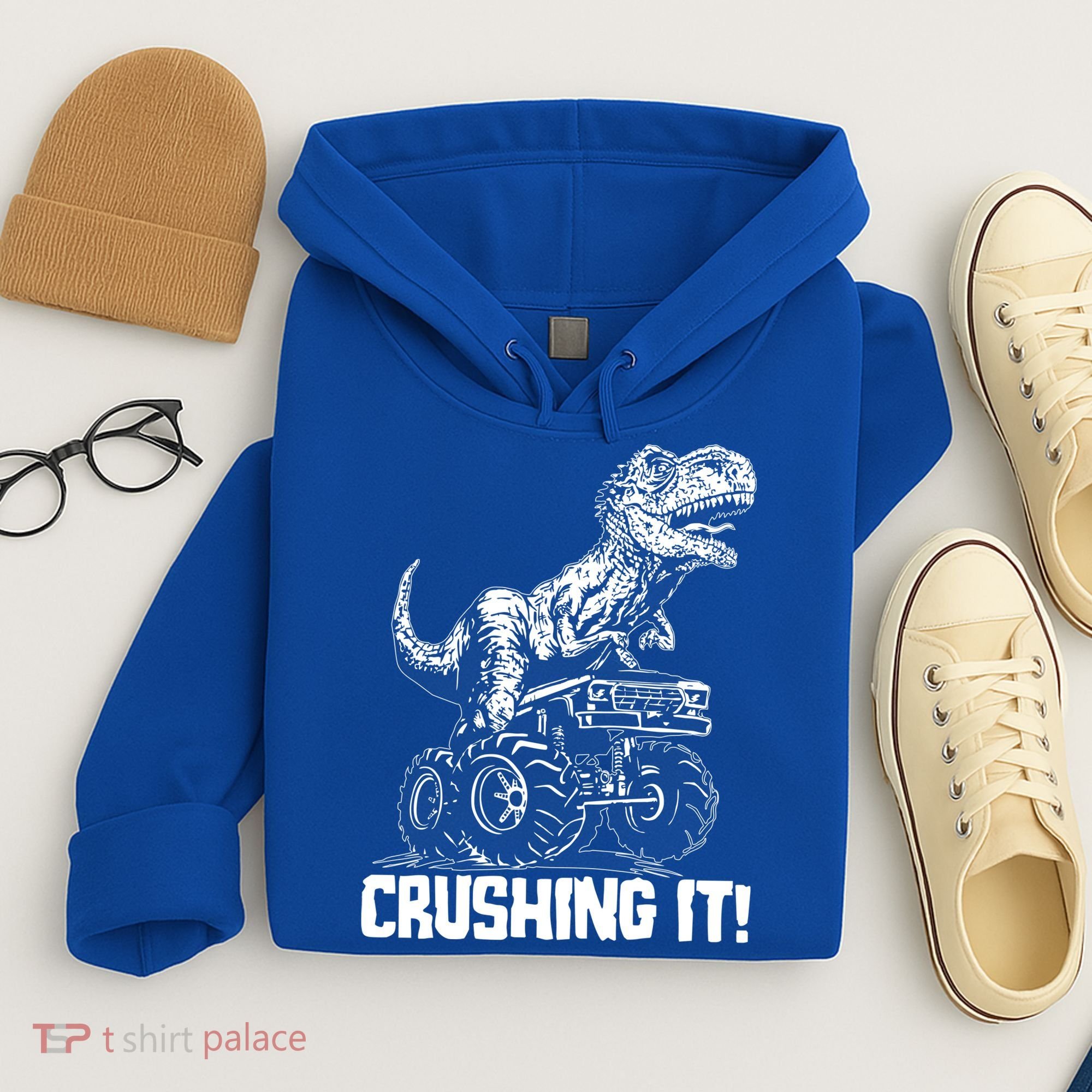 Funny Crushing It T Rex Dinosaur In Monster Truck Hoodie
