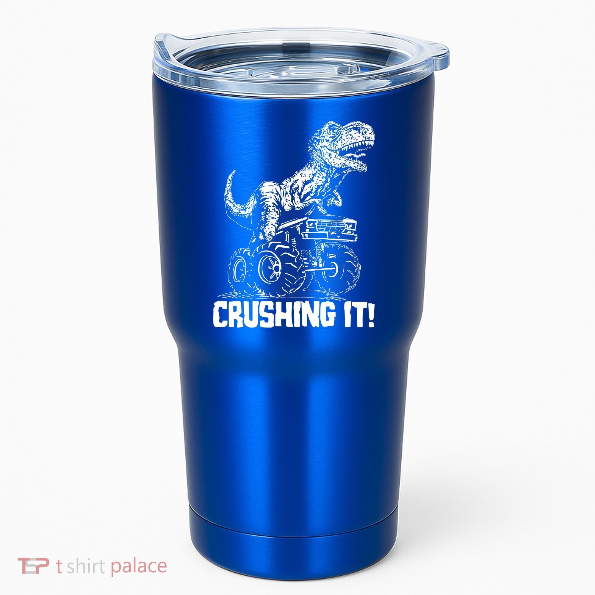 Funny Crushing It T Rex Dinosaur In Monster Truck Tumbler