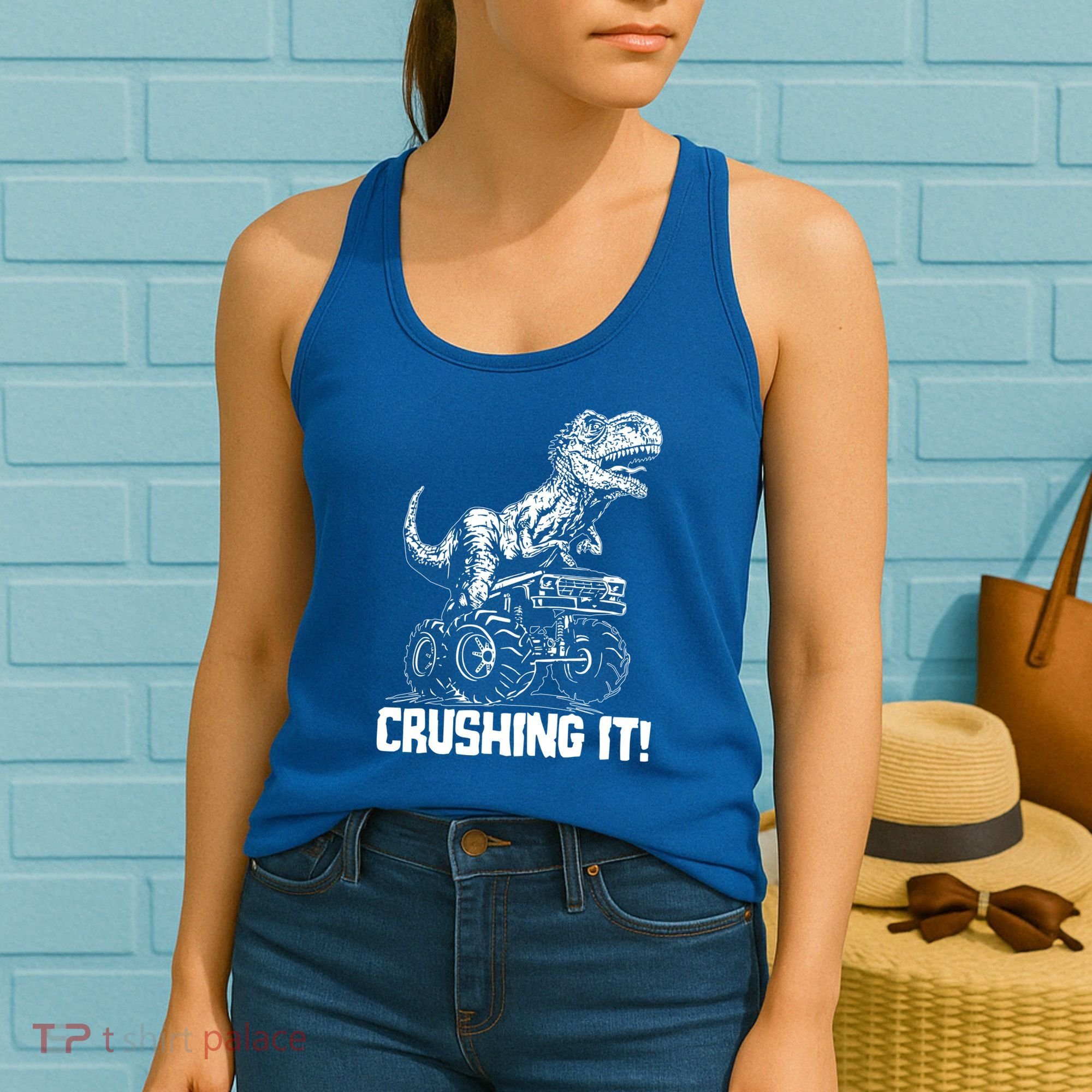 Funny Crushing It T Rex Dinosaur In Monster Truck Women's Tank Top