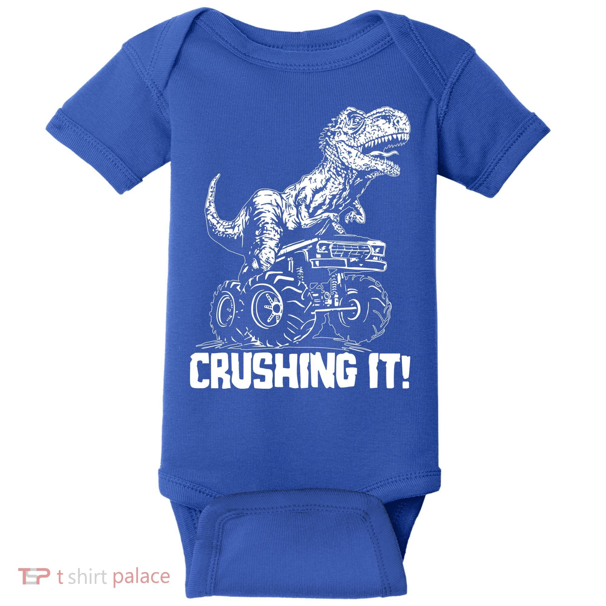 Funny Crushing It T Rex Dinosaur In Monster Truck Baby Bodysuit