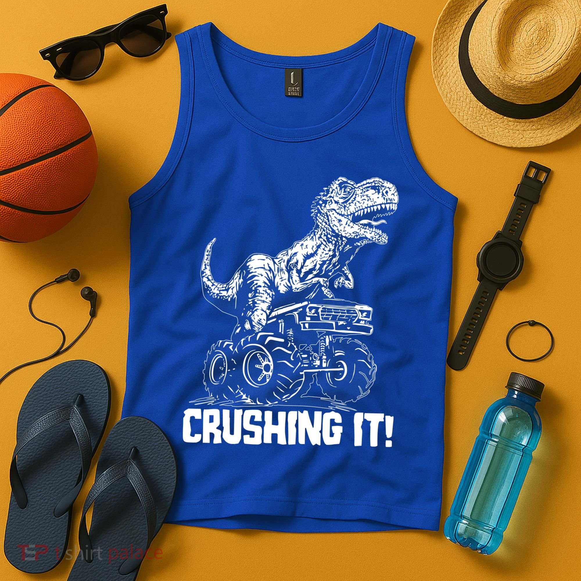 Funny Crushing It T Rex Dinosaur In Monster Truck Tank Top
