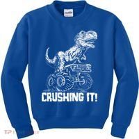Funny Crushing It T Rex Dinosaur In Monster Truck Kids Sweatshirt thumb 0