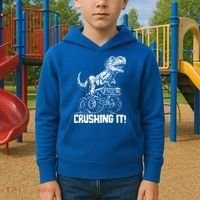 Funny Crushing It T Rex Dinosaur In Monster Truck Kids Hoodie thumb 2