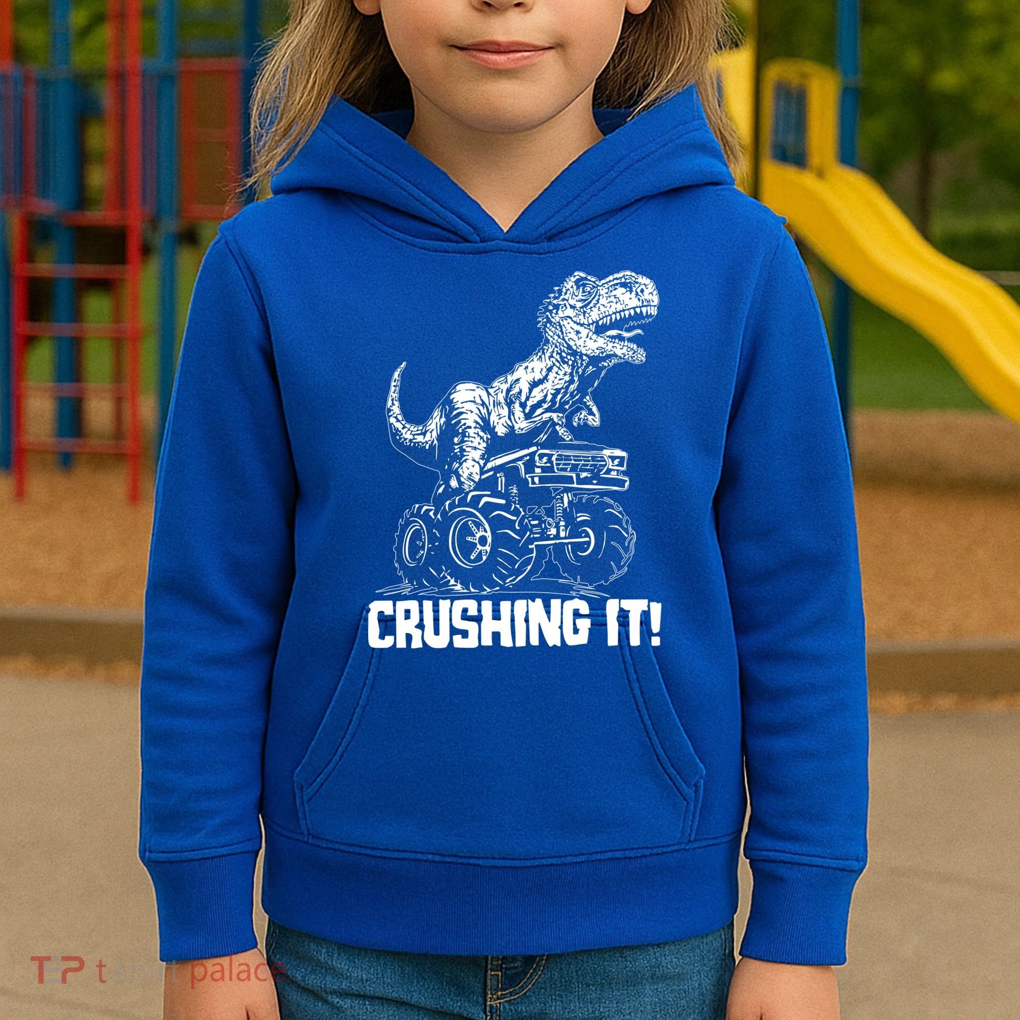 Funny Crushing It T Rex Dinosaur In Monster Truck Kids Hoodie