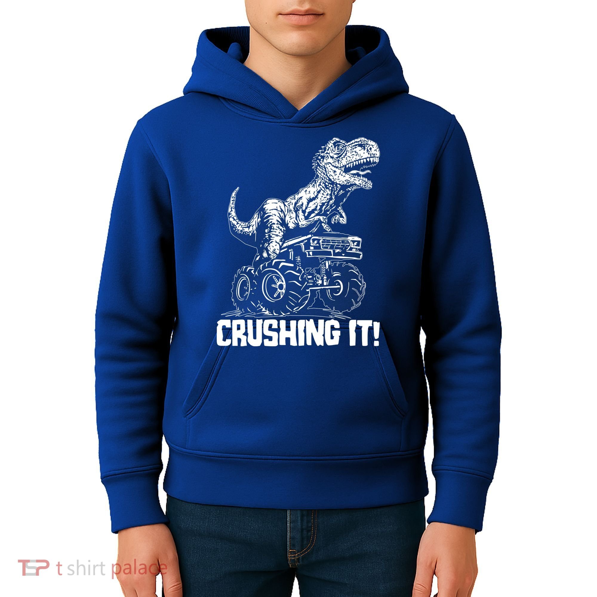 Funny Crushing It T Rex Dinosaur In Monster Truck Kids Hoodie