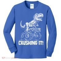 Funny Crushing It T Rex Dinosaur In Monster Truck Kids Long Sleeve Shirt thumb 0