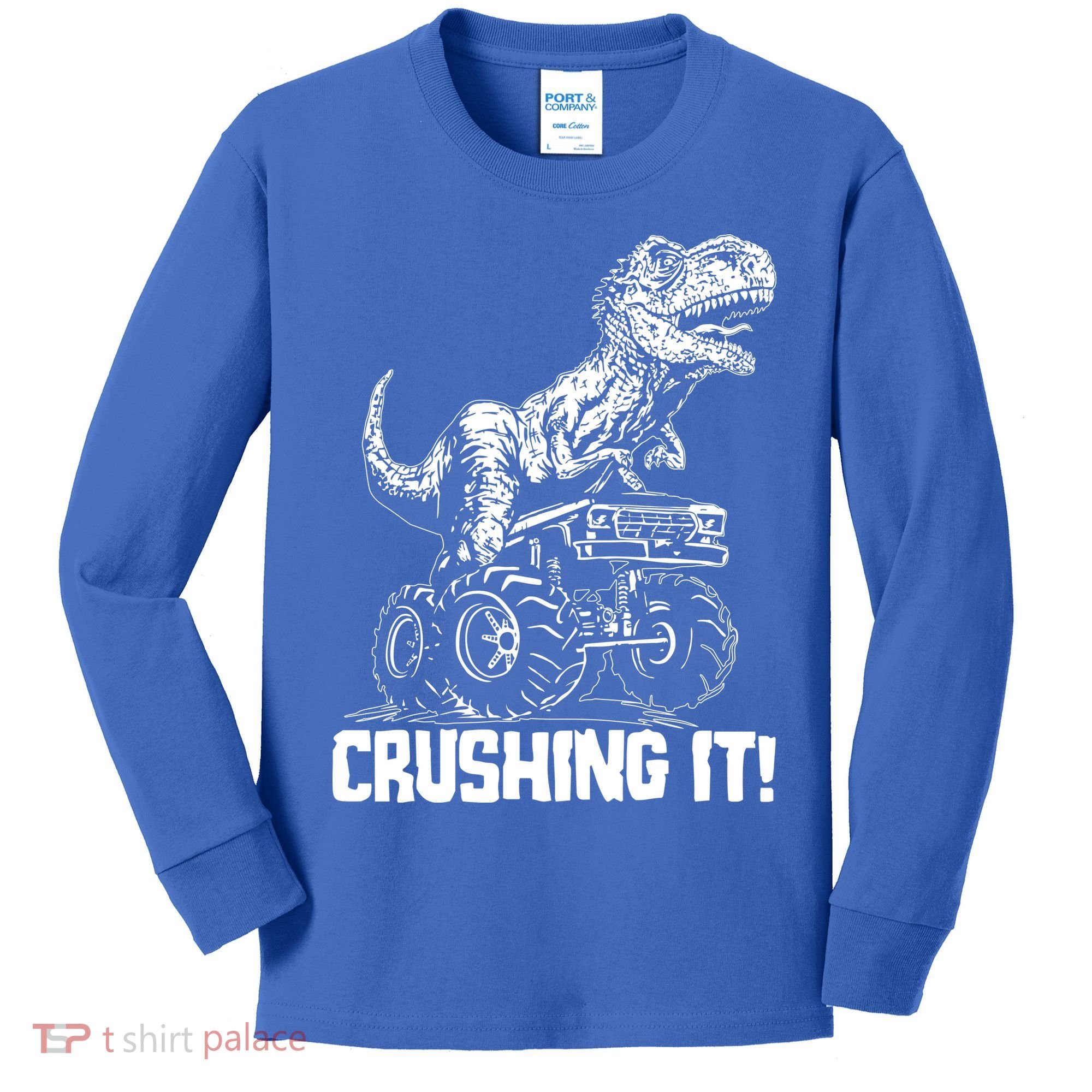 Funny Crushing It T Rex Dinosaur In Monster Truck Kids Long Sleeve Shirt