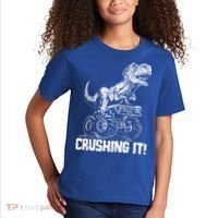 Funny Crushing It T Rex Dinosaur In Monster Truck Kids T-Shirt thumb 2