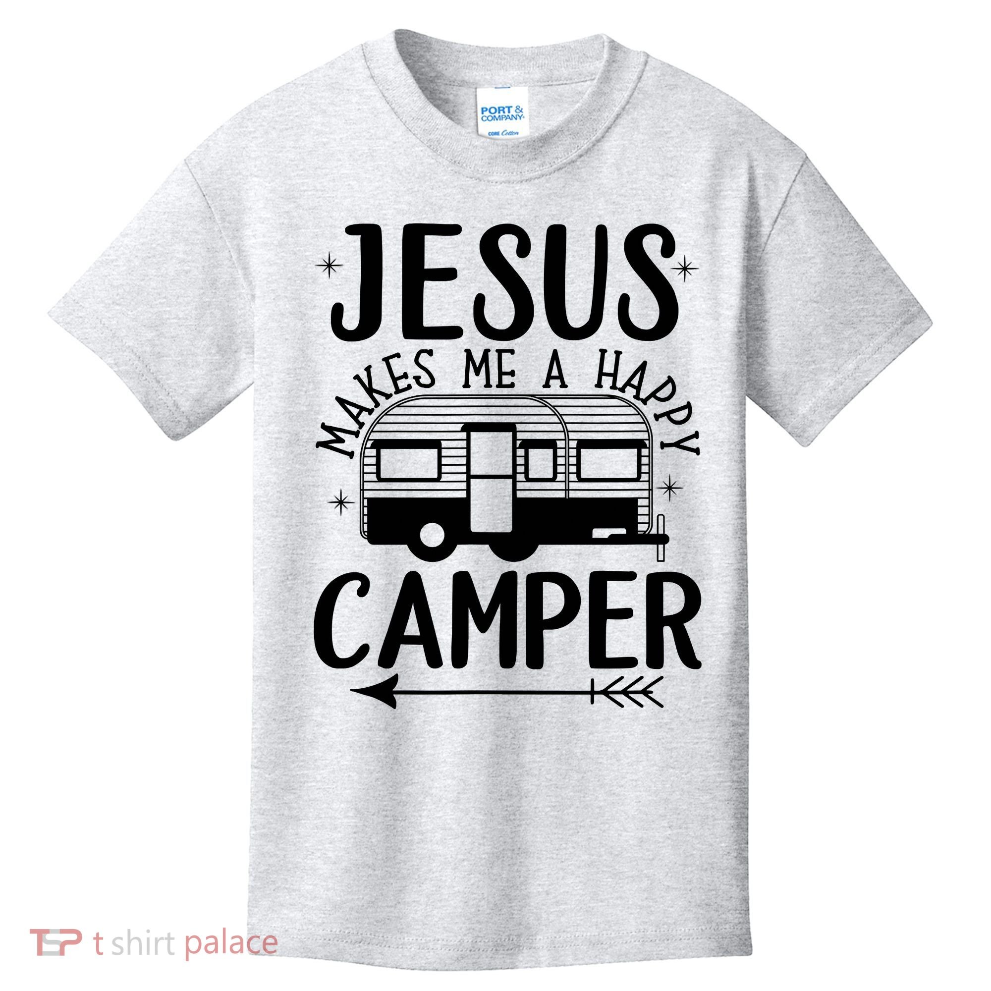 Funny Christian Jesus Makes Me A Happy Camper Kids T-Shirt