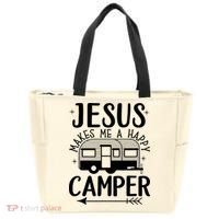 Funny Christian Jesus Makes Me A Happy Camper Tote Bag thumb 0