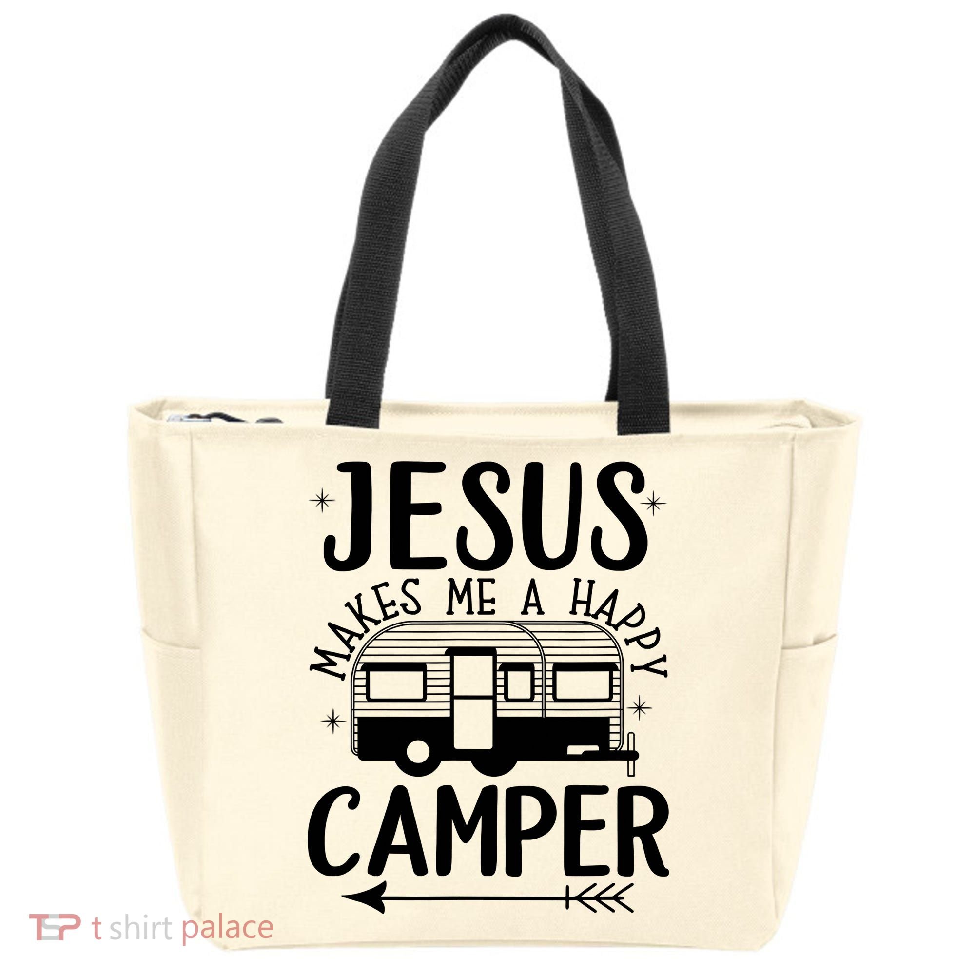 Funny Christian Jesus Makes Me A Happy Camper Tote Bag