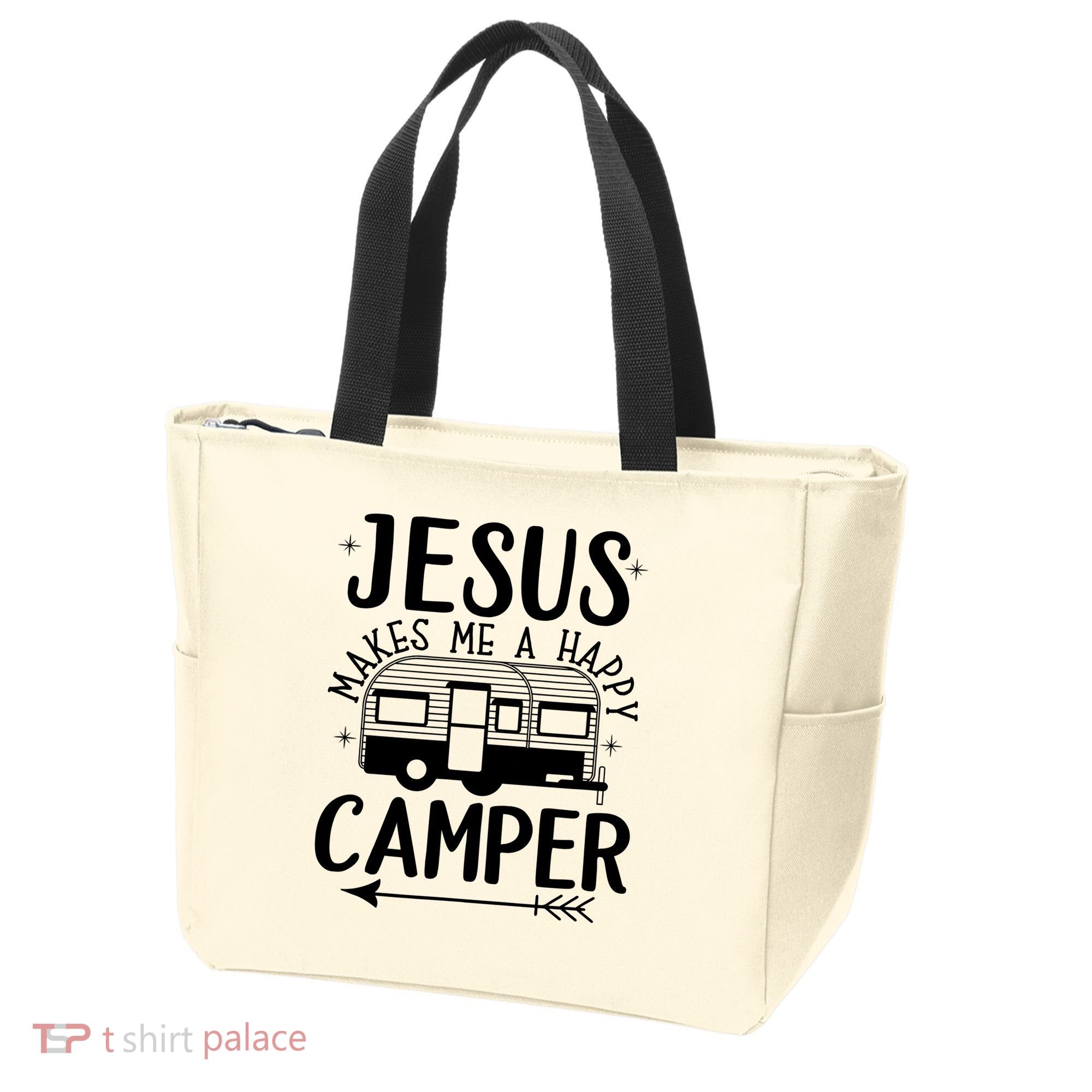 Funny Christian Jesus Makes Me A Happy Camper Tote Bag
