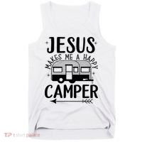 Funny Christian Jesus Makes Me A Happy Camper Tank Top thumb 0