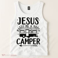 Funny Christian Jesus Makes Me A Happy Camper Tank Top thumb 2