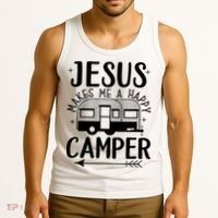 Funny Christian Jesus Makes Me A Happy Camper Tank Top thumb 3