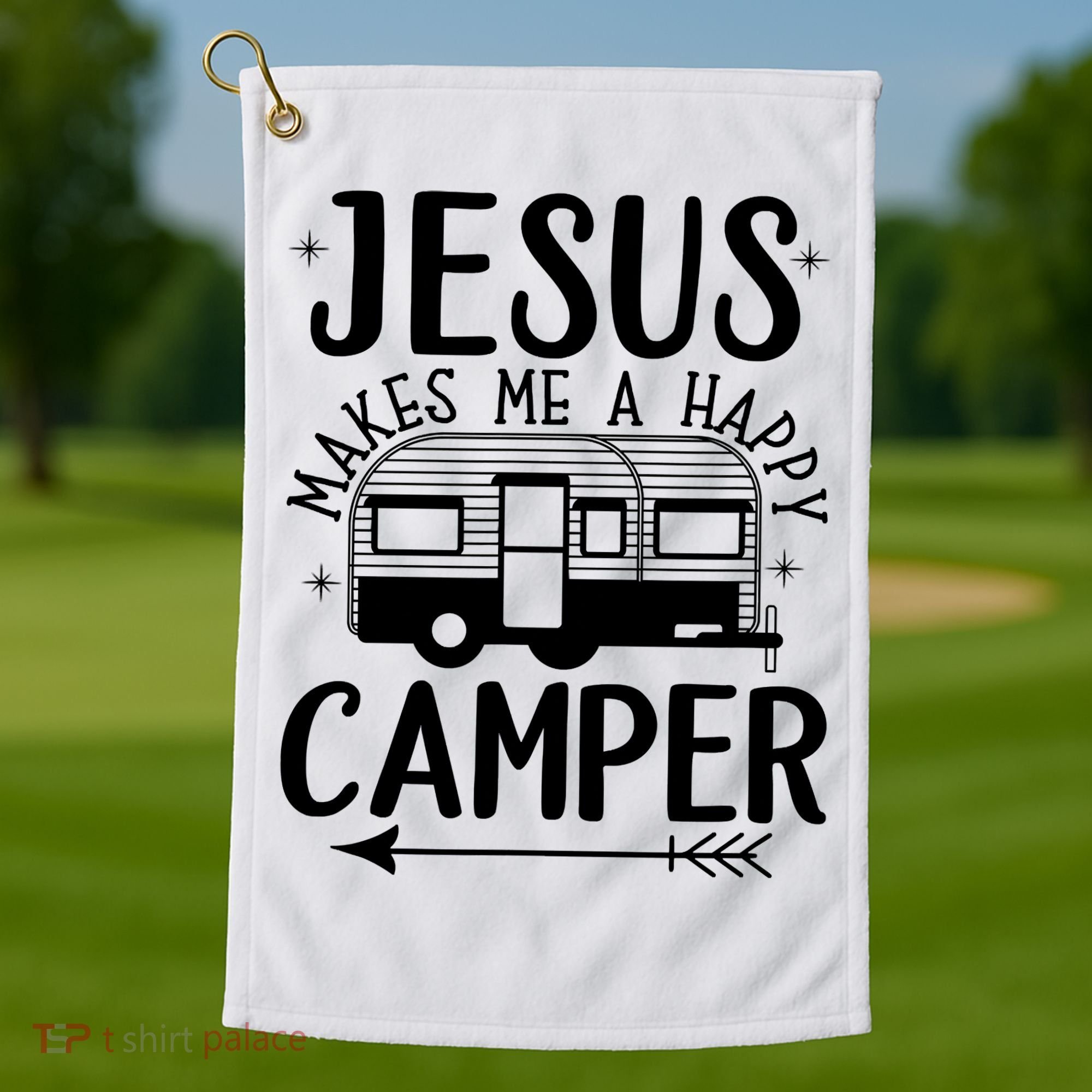 Funny Christian Jesus Makes Me A Happy Camper Golf Towel