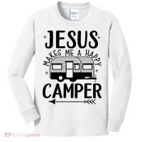 Funny Christian Jesus Makes Me A Happy Camper Kids Long Sleeve Shirt thumb 0