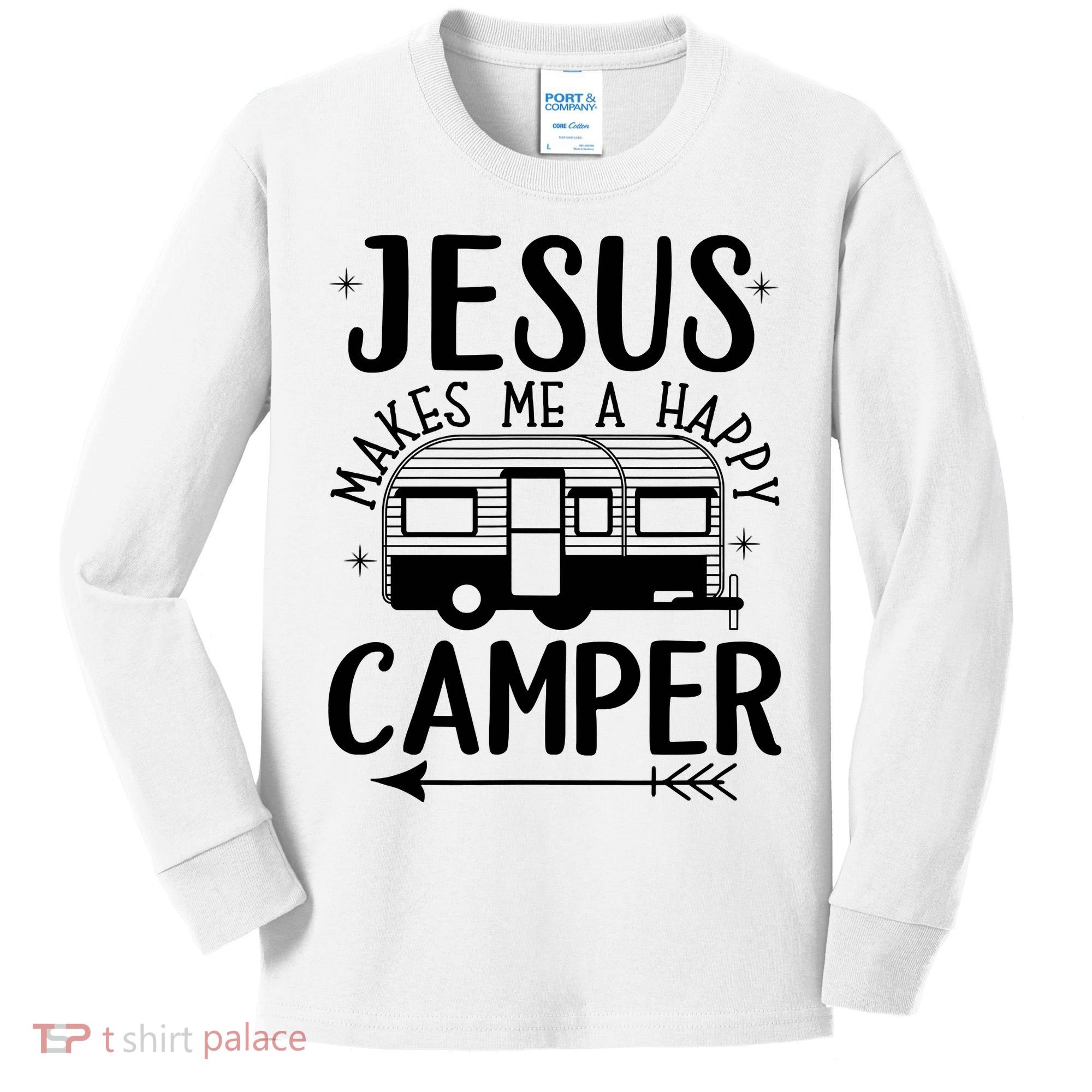 Funny Christian Jesus Makes Me A Happy Camper Kids Long Sleeve Shirt