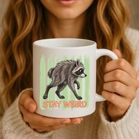 Funny Cute Jimothy The Raccoon Stay Weird Coffee Mug thumb 3