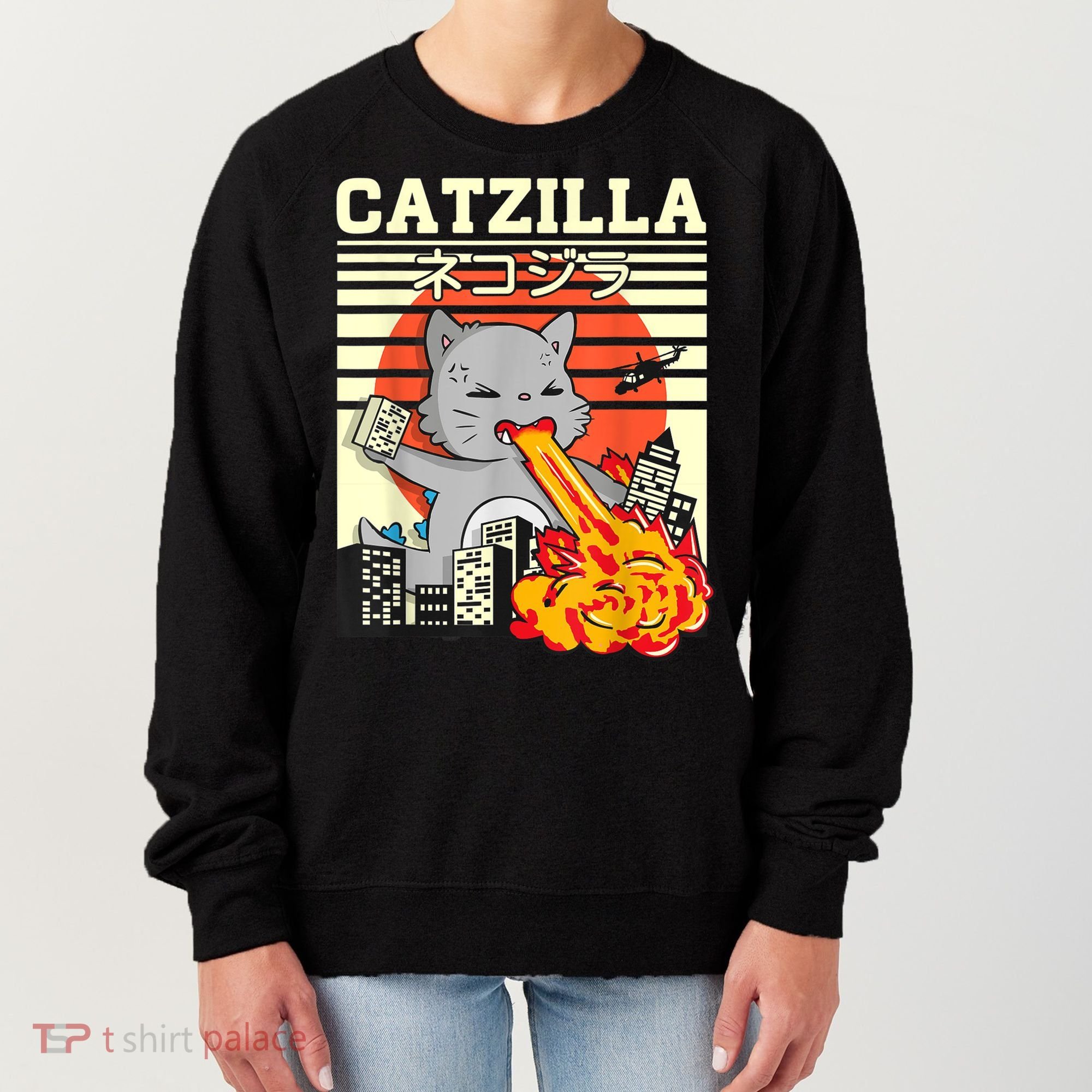 Funny Catzilla Kawaii Cat Kitten Lover Japanese Sunset Women's Sweatshirt