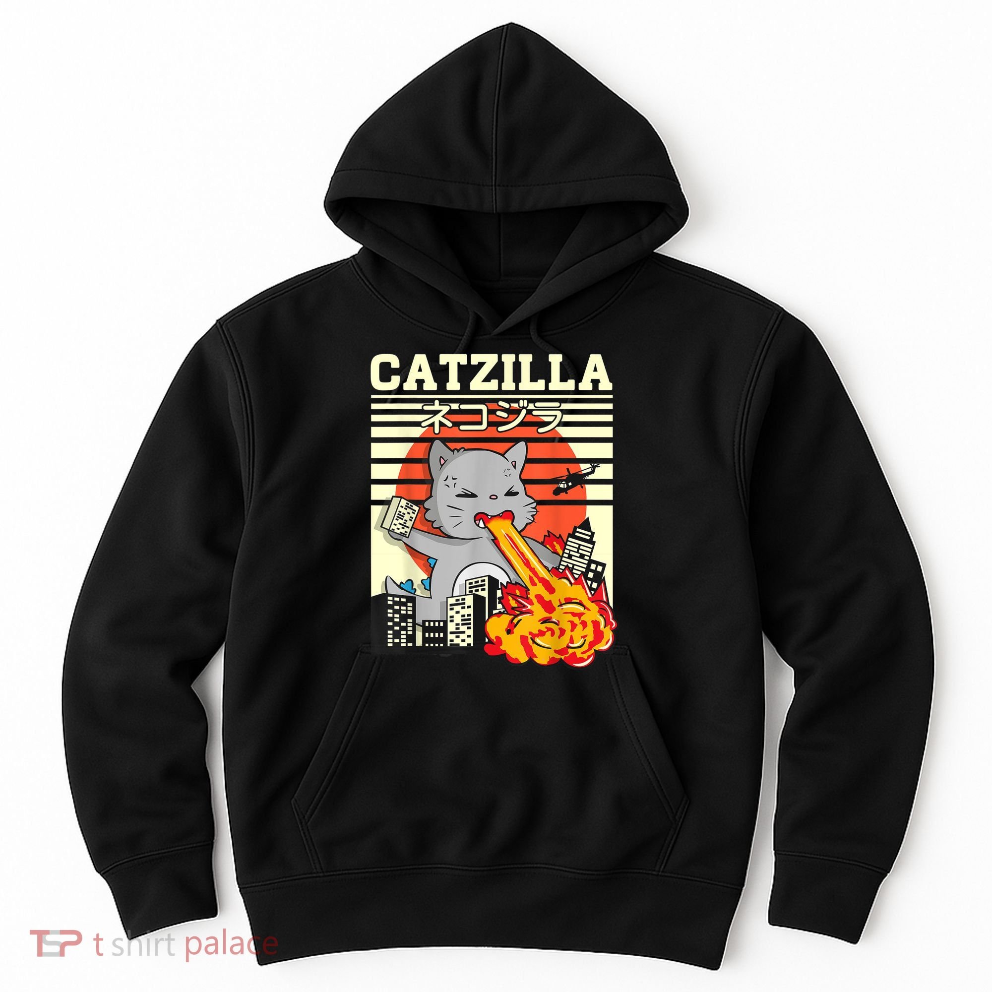 Funny Catzilla Kawaii Cat Kitten Lover Japanese Sunset Hoodie
